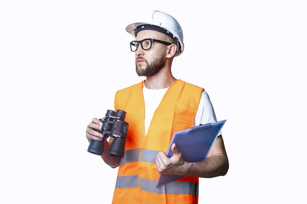 Young Man Building Clothes Binoculars Clipboard Light Background — Stock Photo, Image