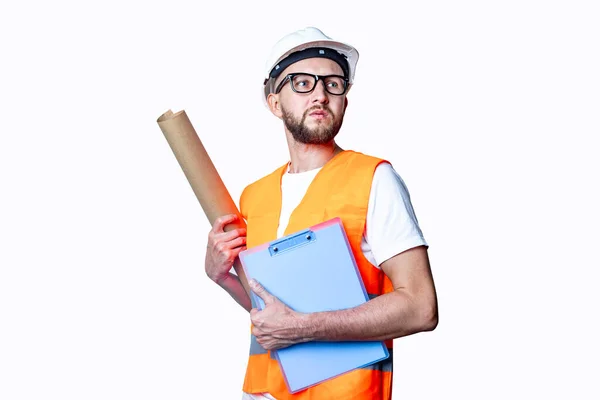 Young Man Glasses Building Clothes Clipboard Light Background — Stock Photo, Image