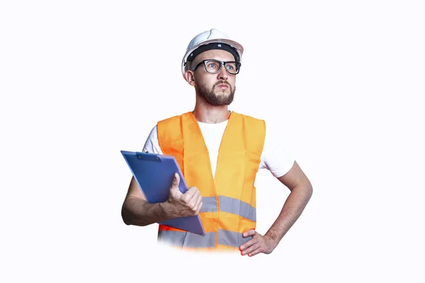 Young Man Building Clothes Holding Clipboard Light Background — Stock Photo, Image