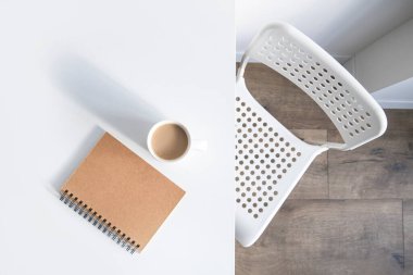 Beyaz bir fincan kahve, beyaz bir masanın üzerinde bir defter, yanında bir sandalye var. Üst manzara, düz uzanma