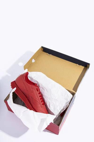 Box Packed New Red Sneakers Red Background — Stock Photo, Image