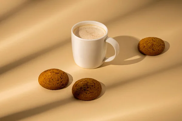 Cappuccino White Cup Oatmeal Cookies Beige Background — Stock Photo, Image