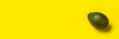 Sarı arka planda taze koyu yeşil bir avokado. Üst manzara, düz yatış. Pankart.