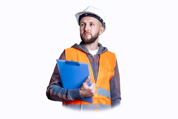Young Man Beard Building Clothes Clipboard Light Background — Stock Photo, Image