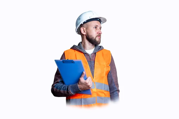 Young Man Beard Building Clothes Clipboard Light Background — Stock Photo, Image