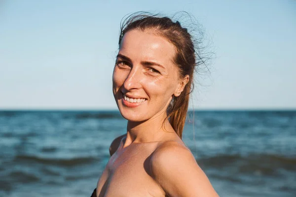 Smiling Young Woman Swimsuit Makeup Sea — Fotografia de Stock