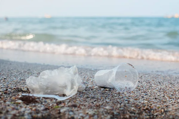 Plastic dishes and plastic bag on the background of the sea.