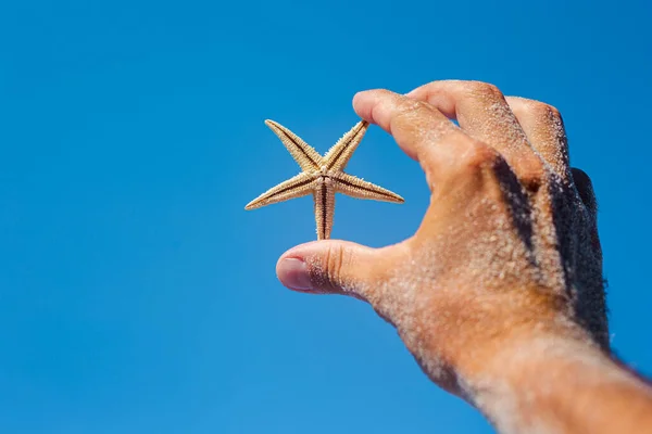 Man Hand Sand Holds Starfish Blue Sky — Φωτογραφία Αρχείου