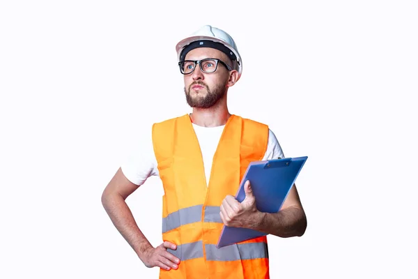 Young Man Construction Clothes Clipboard Light Background — Stock Photo, Image