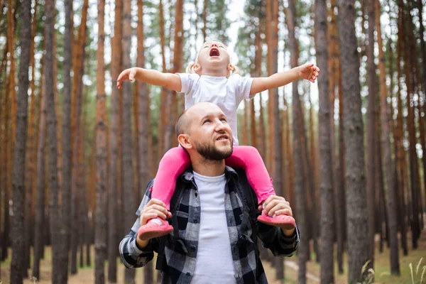 Sırt çantalı bir adam ormanda bir çocuğu omuzlarında taşıyor. Aile dağlara ya da ormana gider..