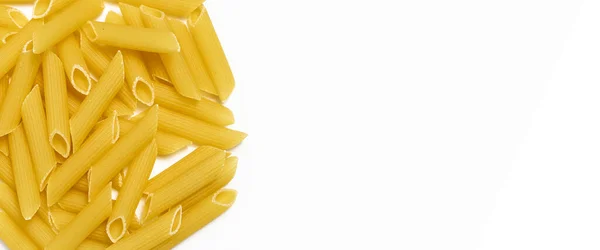 Raw Italian Pasta White Background Top View Flat Lay Banner — Stock Photo, Image