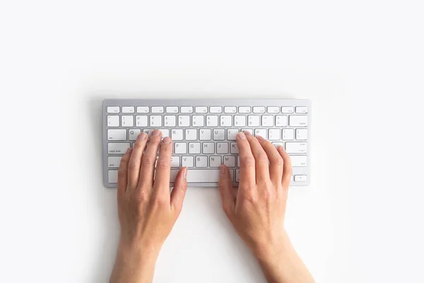 Female Hands Keyboard White Background Top View Flat Lay — Stock Photo, Image