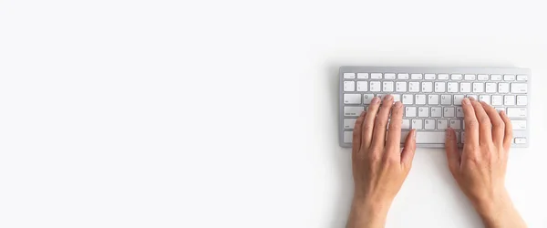 Female Hands Keyboard White Background Top View Flat Lay Banner — Stock Photo, Image