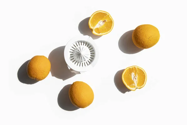 Fresh Oranges Prepared Juicing Hand Bowl White Background Top View — Foto de Stock