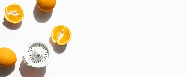Fresh Oranges Prepared Juicing Hand Bowlon White Background Top View — ストック写真
