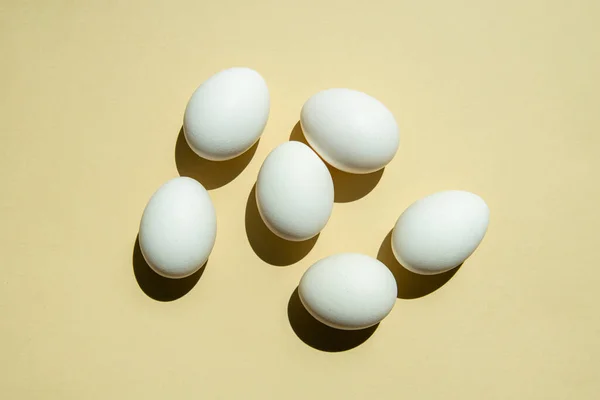 Chicken White Eggs Light Sandy Background Top View Flat Lay — Fotografia de Stock