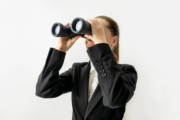 Smiling Business Woman Jacket Looking Binoculars White Background — Stok fotoğraf