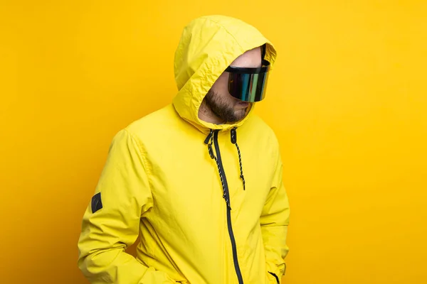 Young Man Cyberpunk Glasses Yellow Jacket Looks Yellow Background — Foto de Stock