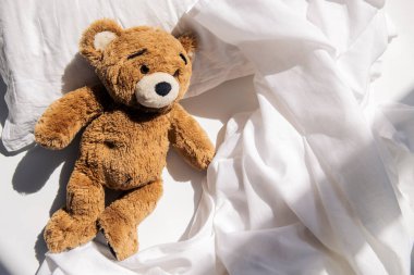 Yumuşak oyuncak ayı, doğal ışık altında bir yastığın üzerinde yatıyor. Üst manzara, düz uzanma.