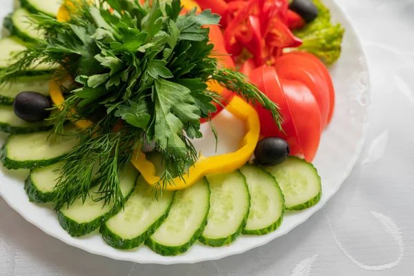 Assorted Fresh Vegetables Plate Dish Cucumbers Paprika Tomato Basil Parsley — Stock Photo, Image