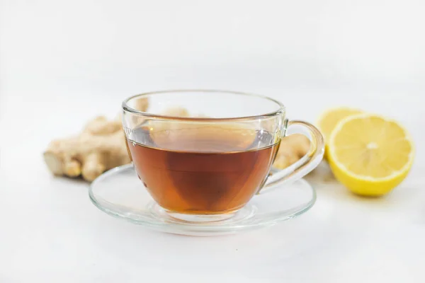 Forró Fekete Ital Tea Egy Csésze Citrom Gyömbér — Stock Fotó