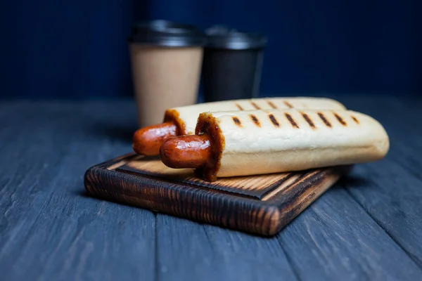 French Hot Dog Roll Ketchup Sauce Coffee Drink Glass — Zdjęcie stockowe