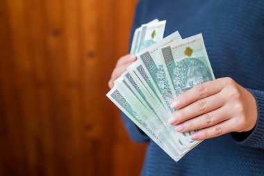 Bir kız parayı elinde tutar. Zloty 'yi para için parlatır.