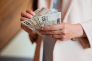 Bir kız parayı elinde tutar. Zloty 'yi para için parlatır.