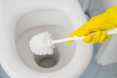 a girl in gloves cleans the ceramic toilet with a brush for disinfection and cleanliness