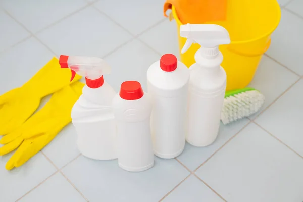 washing disinfectants for cleaning in bottles in the bathroom