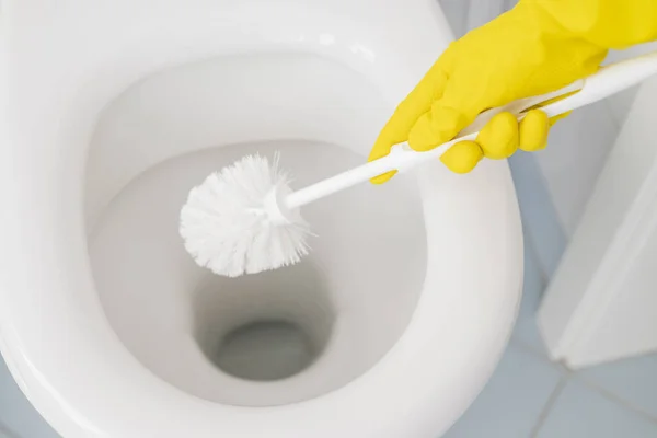 Girl Gloves Cleans Ceramic Toilet Brush Disinfection Cleanliness — Stockfoto