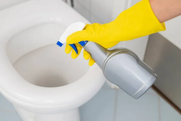 girl in gloves cleans the toilet with disinfectant and cleanliness