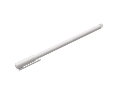 Beyaz arka planda izole edilmiş, kapalı kapaklı, beyaz plastik bir kalem. Okul ve ofis için kırtasiye malzemesi. Banner, reklamcılık. Kopyalayacak bir yer. Tasarım için düzenName