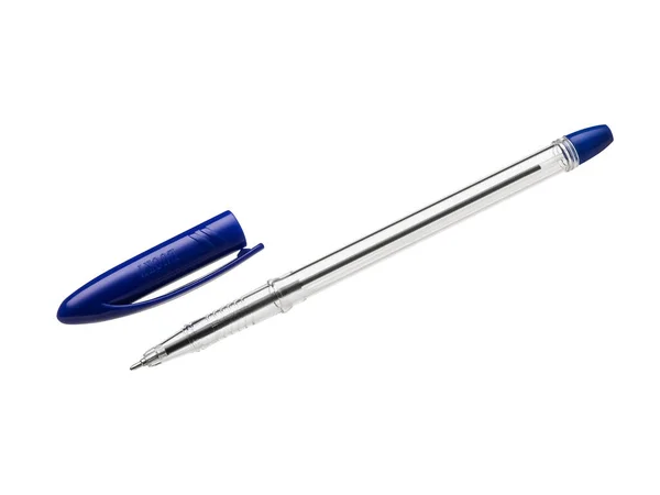 Simple Ballpoint Pen Transparent Plastic Case Blue Cap Isolated White — Stock Photo, Image