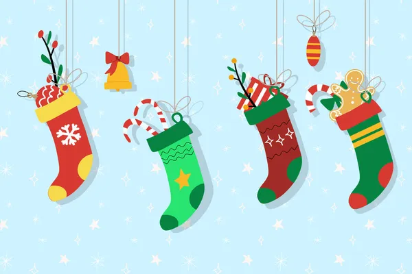 Modern vector illustration of Christmas socks with different design with a gifts . Isolated on snowflakes Happy New Year background EPS — Stock Vector