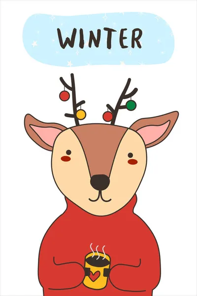 Bonita tarjeta de Navidad con ciervos. Año Nuevo fondo blanco con cervatillo de dibujos animados y copos de nieve. Texto de invierno. Ilustración vectorial. EPS — Archivo Imágenes Vectoriales