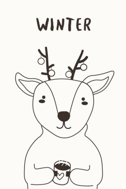 Geyikli şirin bir Noel kartı. Çizgi film geyikleri ve kar taneleriyle yeni yıl beyaz arka planı. Winter 'a mesaj at. Vektör illüstrasyonu.