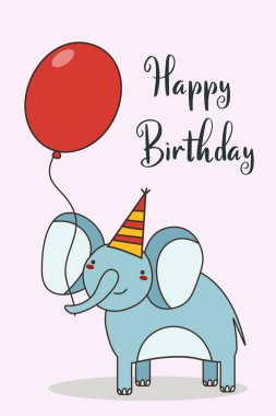 Doğum günü kartı tasarımın kutlu olsun pembe arka planda balon renkleri olan sevimli kawaii fili. Vektör illüstrasyonu.