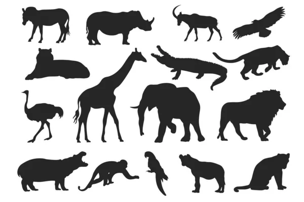 Conjunto de animales africanos - silueta de vector negro. Colección de varios mamíferos de África. EPS — Archivo Imágenes Vectoriales