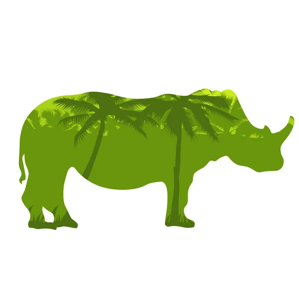 Silhuett av noshörning med afrikansk savann och färgglad himmel. EPS — Stock vektor