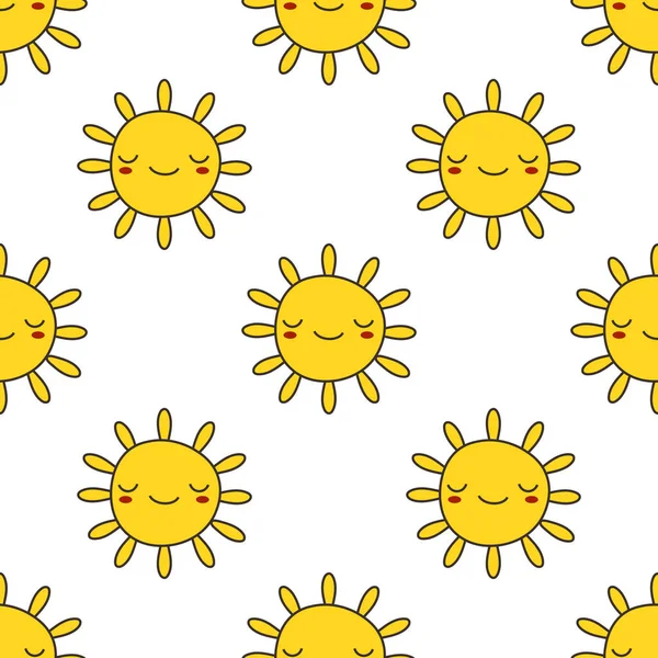 Schattig vectorpatroon van SUN iconen. Grappige vrolijke lachende zonnen. Helder en mooi cartoon naadloos patroon. EPS — Stockvector