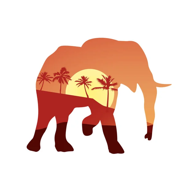 Силуэт слона с африканской саванной и красочным небом. EPS — стоковый вектор
