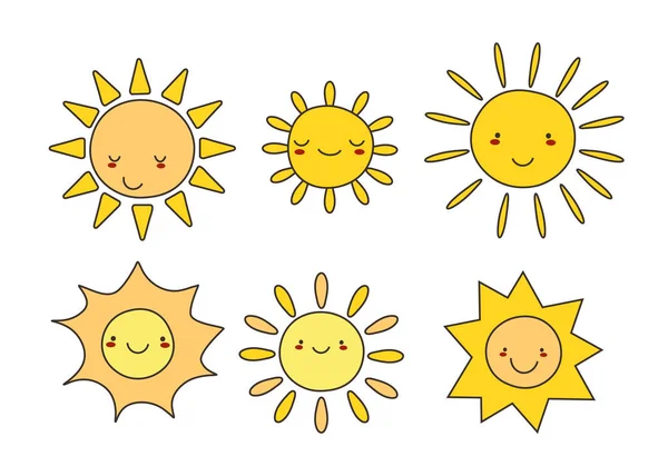 Roztomilá vektorová sada ikon SUN. Vtipné šťastné smajlíky. Šťastné čmáranice pro váš design. Jasné a krásné kreslené postavičky. EPS — Stockový vektor
