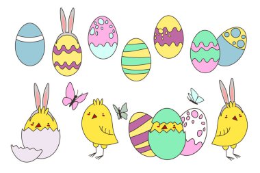 Paskalya tasarım elementleri. Yumurta, tavuk, kelebek. Tatil dekorasyonu ve bahar tebrik kartları için mükemmel.