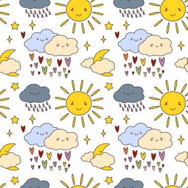 Bulutlu Şirin Vektör Kusursuz Bebek Modeli. Çocuklar için renkli komik baskı, doğum günü kartı, duvar kağıdı, doku, bebek duşu davetiyesi şablonu. EPS