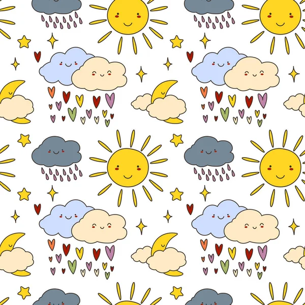 Nettes Vector Seamless Baby Pattern mit Wolken. Bunte lustige Print für Kinder, Geburtstagskarte, Wallpaper, Textur, Baby-Dusche Einladungsvorlage. EPS — Stockvektor