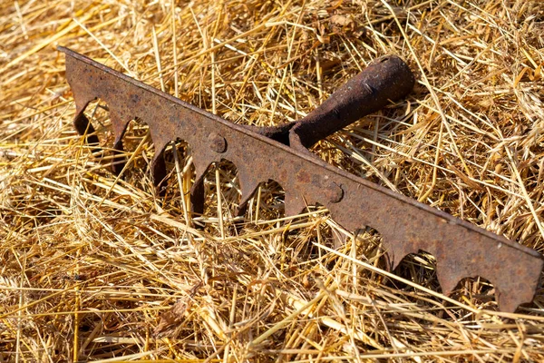 Close Old Rusty Metal Part Rake Lying Yellow Hay Royalty Free Stock Images