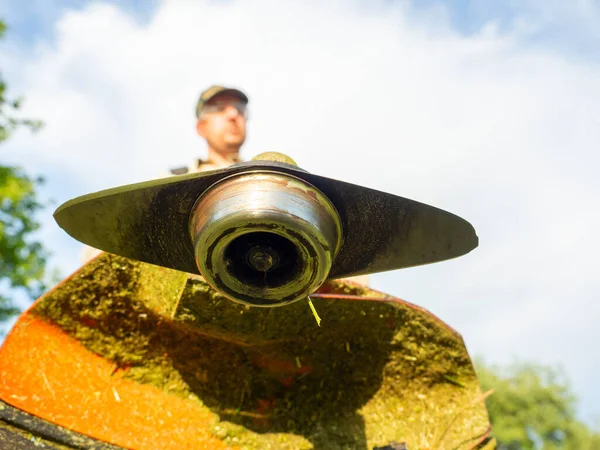 Male Worker Mows Grass Gasoline Trimmer Bottom View Selective Focus — Stock Photo, Image