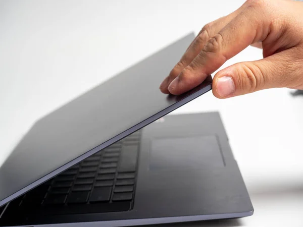 Close Man Hand Opening Lid Gray Laptop Modern Devices Work — Stock Photo, Image