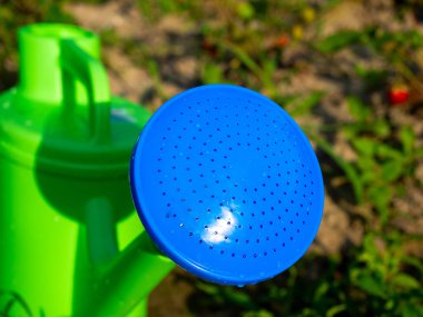 Bahçede yerde duran mavi bir oluğuyla plastik yeşil bir sulama kutusunun yakın çekimi. Tarım ve bahçıvanlık kavramı